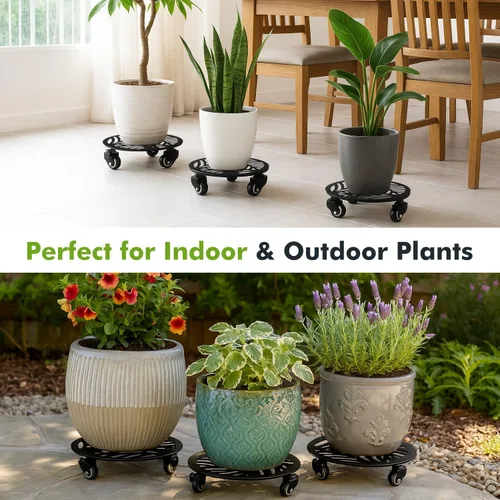 Vista 5 de 1 paquete de 30 cm de gran organizador de plantas de metal con 3 ruedas de PU metálicas, soporte rodante para plantas con ruedas para interiores