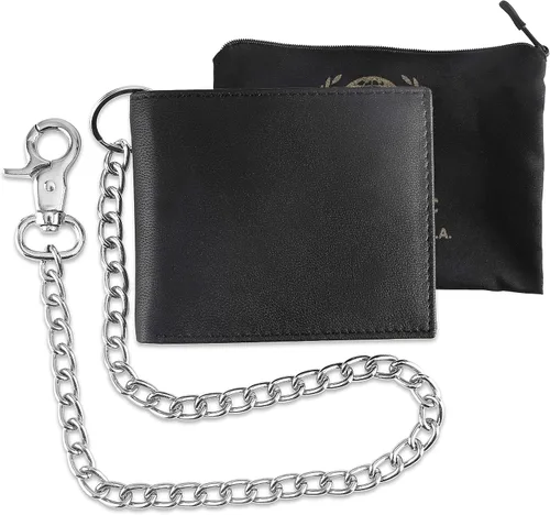 Vista 6 de F&L CLASSIC Cartera de cadena de acero de cuero vacuno con bloqueo RFID para hombre, estilo bi-fold, Negro -, Cartera RFID