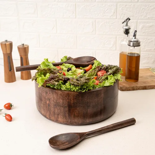 Vista 6 de Luxe Designs Juego de Tazón de Ensalada de Madera Quemada Oscura de 12" con Utensilios para Servir Ecológico, Tazón Multiusos para Mezclar y Servir