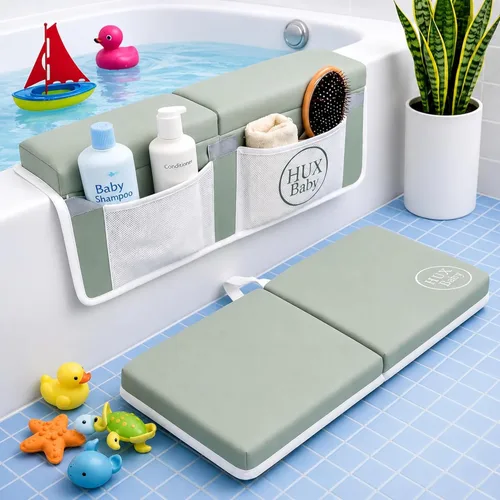 Vista 11 de Cómodo juego de rodilleras y coderas de baño para bebé, almohadilla antideslizante para bañarse, tapete acolchado para bañera, coderas, bolsillos