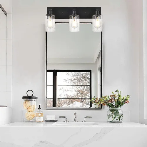 Vista 5 de Luces de tocador de baño de 3 luces sobre espejo en acabado negro, iluminación de pared de baño con vidrio cilíndrico sembrado
