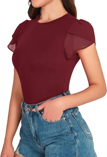 Vista 3 de MANGOPOP Body de manga corta para mujer, cuello redondo, blusas para salir