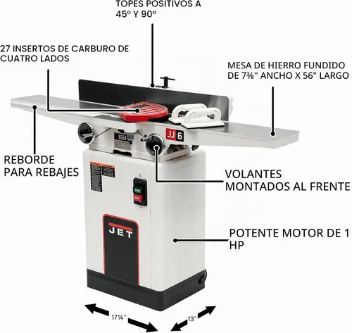 Vista 5 de JET Junta de cama de 6 pulgadas de largo, cabezal de corte helicoidal, 1 HP, 115/230V 1Ph (JJ-6HHDX)