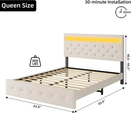 Vista 2 de Base de cama Queen con cabecera de luces LED, marco de cama LED con puerto USB de carga rápida, marco de cama de plataforma tapizada, no necesita