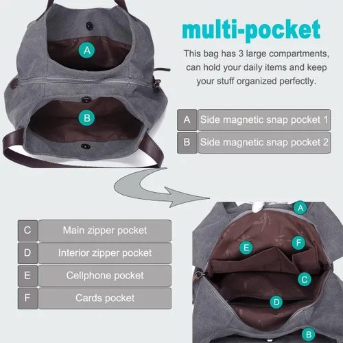 Vista 2 de DOURR Bolso de hombro con múltiples bolsillos para mujer, bolso de lona de algodón de moda
