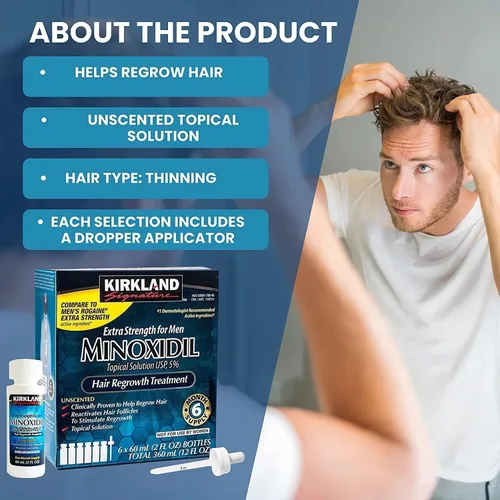 Vista 5 de Minoxidil - Solución tópica al 5% para hombres, tratamiento extra fuerte para el crecimiento del cabello, aplicador con cuentagotas incluido