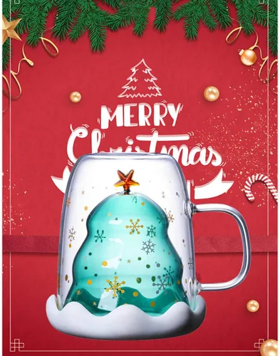 Vista 2 de MUCHENGGIFT Bonita taza de café con diseño de árbol de Navidad, taza de té y leche con aislamiento de doble pared, taza de espresso, el mejor regalo