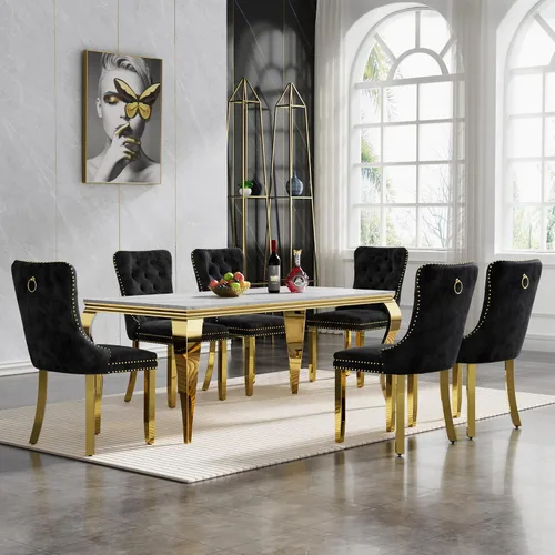 Vista 41 de Juego de mesa de comedor de mármol sintético, 7 piezas, juego de mesa de cocina y comedor para 6, mesa de comedor rectangular blanca de 70 pulgadas