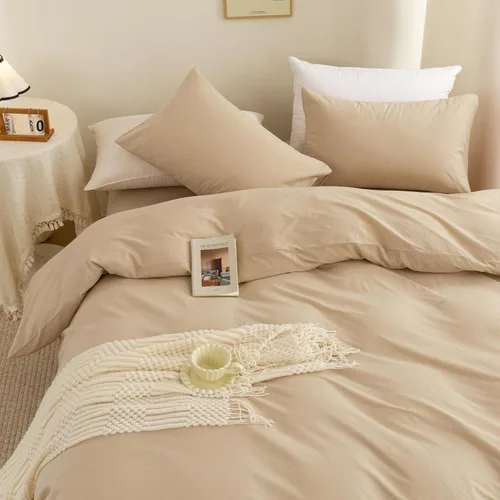 Vista 3 de ECOCOTT Funda de edredón tamaño Queen, 100 % algodón lavado, 1 funda de edredón con cremallera y 2 fundas de almohada, ultra suave y de fácil Beige
