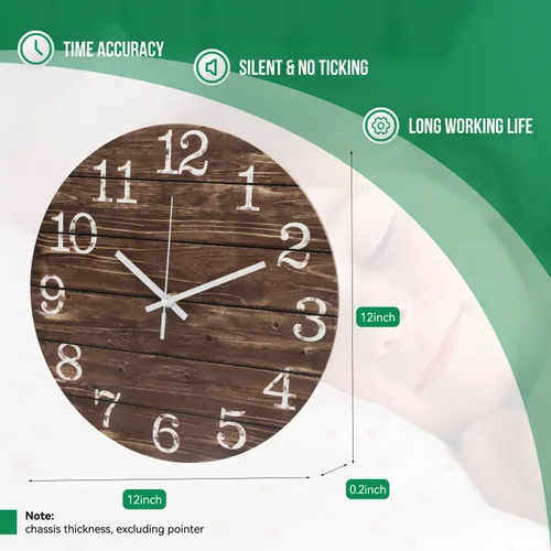 Vista 3 de Reloj de pared de 12 pulgadas de imitación de madera, silencioso, sin tictac, para interiores, reloj redondo marrón decorativo, rústico