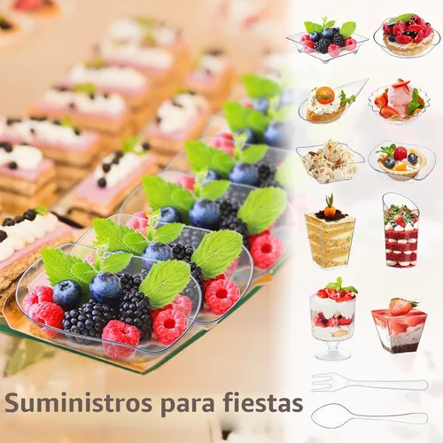 Vista 6 de Tessco for you Juego de 1600 mini platos de aperitivo, tazas de postre, tazas de plástico para parfait de formas variadas con cucharas desechables