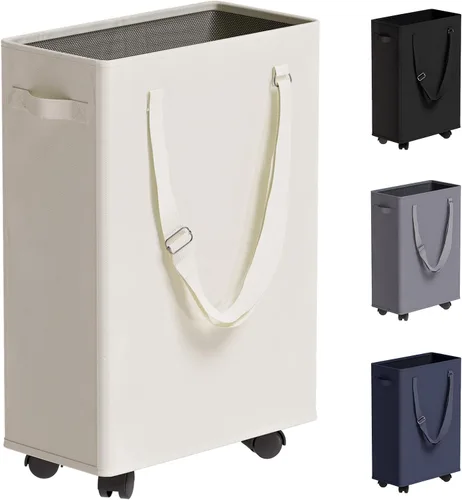 Vista 10 de TECHMILLY Cesta de lavandería delgada con asas largas ajustables, cestas pequeñas de lavandería de 45L con parte superior de malla, cesta de ropa