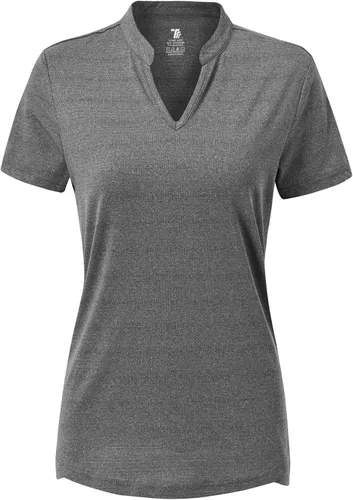 Vista 33 de Gopune Polo de golf con cuello en V para mujer, sin cuello, manga corta, ligera, de secado rápido, camisetas de tenis para correr
