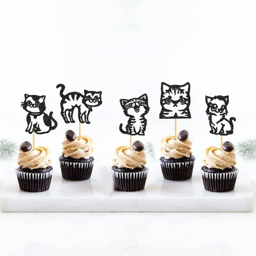Vista 3 de Ercadio Paquete de 25 adornos para magdalenas de gatos, palillos para tartas de gatos negros, selecciones de cupcakes de animales, decoraciones