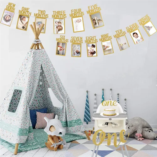 Vista 3 de Cartel de fotos de bebé de primer cumpleaños para recién nacido a 12 meses, con pancarta para silla alta, guirnalda de fotos de hitos mensuales