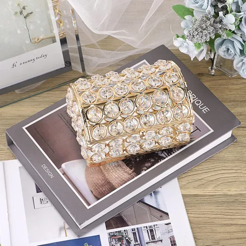 Vista 4 de ELLDOO Joyero de cristal, caja organizadora de aretes, anillos, decoración del hogar, caja decorativa con tapa, regalo dorado para San Valentín