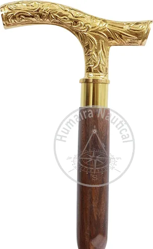 Vista 2 de Bastón unisex de 37 pulgadas de ébano marrón con mango en T de latón, acabado de madera natural