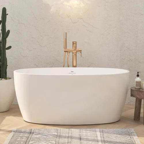 Vista 23 de FerdY Tahití - Bañera de acrílico independiente de 55 pulgadas, elegante bañera de remojo de forma ovalada, blanco brillante, drenaje dorado