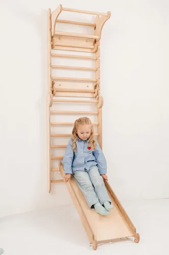 Vista 2 de Zona de juegos interior 6 en 1 para niños, pared sueca de madera, escalera de escalada, tobogán, columpio, anillos de gimnasia, pared de escalada