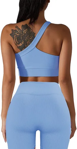 Vista 3 de Conjuntos de entrenamiento para mujer, 2 piezas, sin costuras, sexy, de un hombro, brasier deportivo, pantalones cortos de cintura alta, GMY Yoga