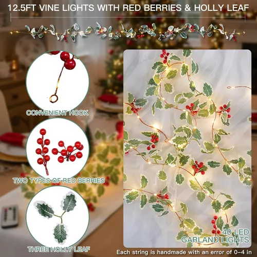 Vista 3 de Suddus 40 luces LED de Navidad con pilas, tira de luces de 12.5 pies con bayas rojas y hoja de acebo, temporizador remoto, guirnaldas artificiales
