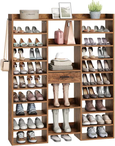 Vista 8 de HOOBRO Zapatero de 10 niveles de alto, organizador grande de zapatos de madera de 47 pulgadas, estante de zapatos de 61 pulgadas de alto con cubos