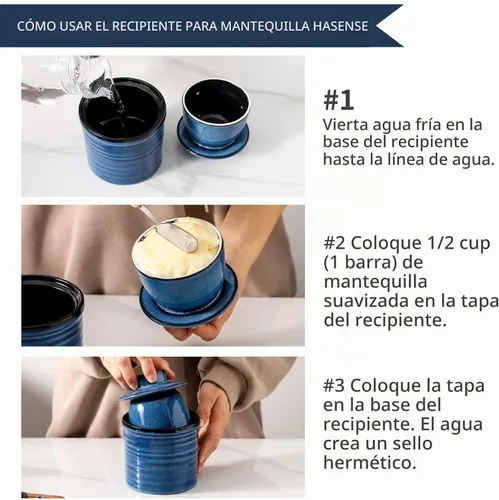Vista 2 de HASENSE Vajilla de mantequilla de cerámica con tapa, plato de mantequilla para encimera con línea de agua, contenedor francés de mantequilla