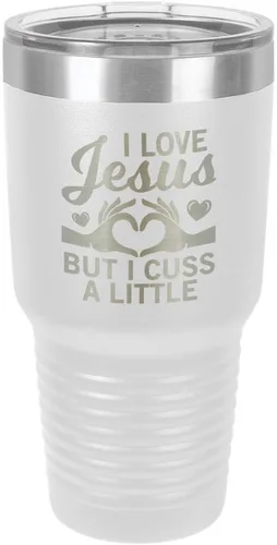 Vista 22 de Taza de viaje con texto en inglés "I Love Jessus I CUSS A LITTLE Engraved Tumbler", de acero con recubrimiento de polvo grabado con láser, sin BPA
