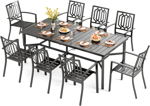 Vista 37 de PHI VILLA Juego de comedor al aire libre de 7 piezas para 6, mesa rectangular de metal negro de 60 pulgadas con agujero para sombrilla y sillas
