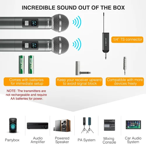 Vista 6 de Phenyx Pro Sistema de micrófono inalámbrico digital dual, con 2 micrófonos dinámicos de mano, 15 grupos de frecuencia UHF, mini receptor, micrófono