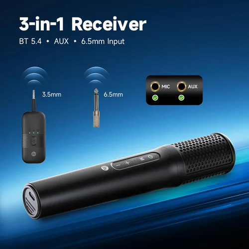Vista 3 de TAZATA Sistema de micrófonos inalámbricos, micrófono de mano dual con receptor recargable, para karaoke, discurso, boda, iglesia, sistema de PA