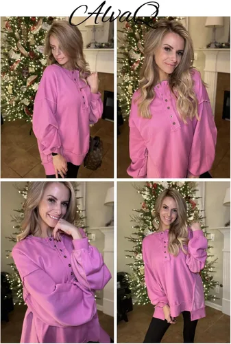 Vista 56 de AlvaQ - Sudadera de gran tamaño para mujer, informal, de manga larga, con botones y cuello Henley, tipo túnica