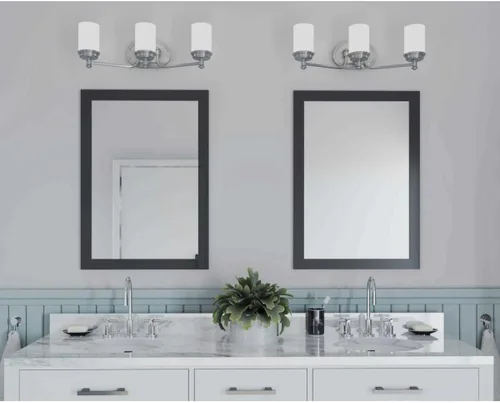 Vista 2 de Progress Lighting Glide Collection - Lámpara de tocador de baño con 3 luces de cristal de ópalo grabado en níquel cepillado