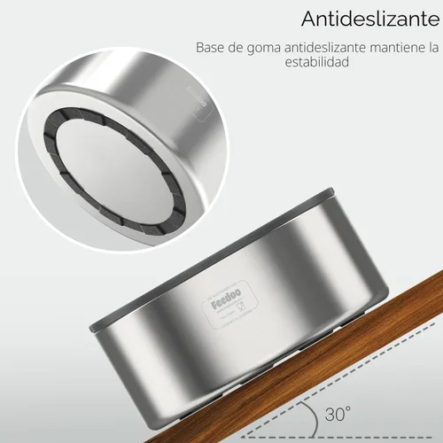 Vista 6 de Feedoo Cuenco de agua antiderrames para perros, de acero inoxidable de doble pared con tapa a prueba de salpicaduras y disco flotante, base Gris