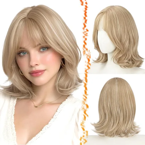 Vista 16 de BARSDAR Synthetic Short Layered Brown Highlights Bob Wig with Wispy Bangs