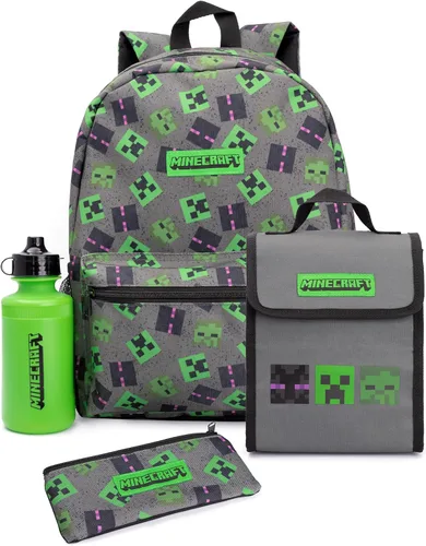 Vista 11 de Minecraft Mochila para niños de 5 piezas Creeper Zombie School Lunch Bag Gamer, Negro