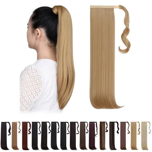 Vista 17 de Extensiones de cola de caballo negras, colas de caballo rizadas con clip, 22 pulgadas, 3.5 onzas, extensión de cabello sintético envolvente del pelo