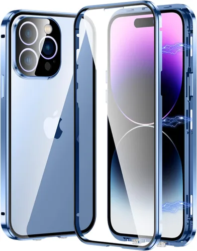 Vista 10 de Funda magnética transparente para iPhone 14 de vidrio con protector de lente de cámara, protector de pantalla integrado sensible al tacto Negro