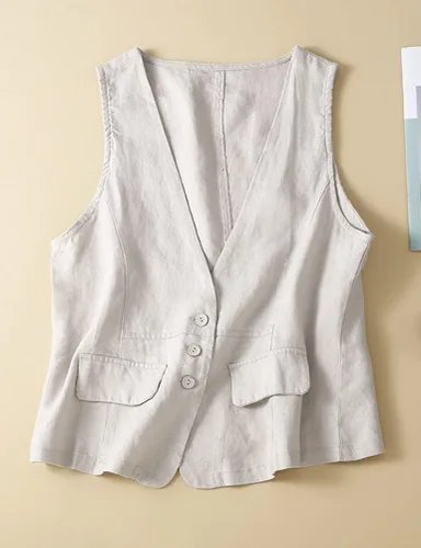 Vista 2 de IDEALSANXUN Chaleco de lino de algodón sin mangas para mujer, chaleco casual de verano, cuello en V, chaqueta de cárdigan