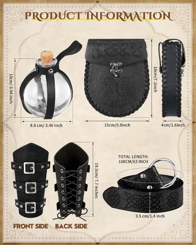 Vista 2 de Ramede 5 piezas de accesorios renacentistas de Halloween, cinturón vikingo medieval en relieve, bolsa de cinturón con hebilla, brazos, botella