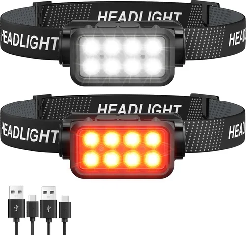 Vista 8 de Linterna frontal recargable 2 unidades, 8 LED, 2500 lúmenes, lámpara de cabeza ultraligera y brillante con sensor de movimiento, impermeable