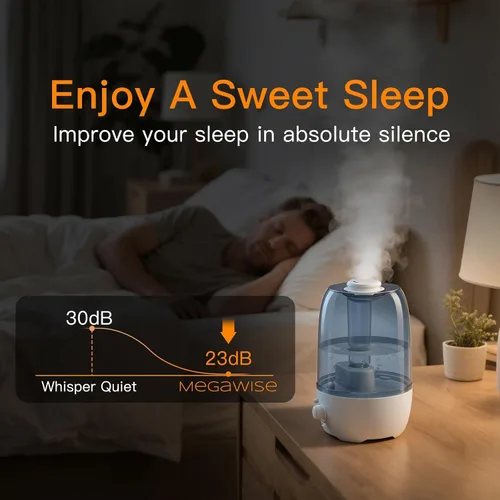 Vista 4 de MEGAWISE Humidificador para dormitorio infantil con gran capacidad de 3.2L, diseño sin fugas, salida de niebla fina, apagado automático, tanque Azul