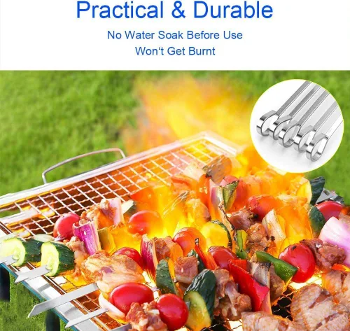Vista 6 de Shish Kabob - Pinchos de kebab, de acero inoxidable de 17.7 pulgadas, reutilizables, palitos planos para barbacoa, para carne, pollo, camarones