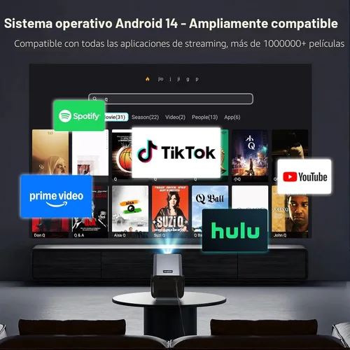 Vista 4 de [2000 ANSI luz diurna visible] Proyector de video inteligente nativo 1080P entrada 4K 8K, proyector portátil Android 14 con sonido HiFi, enfoque
