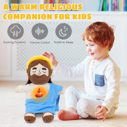 Vista 5 de Yelakey Muñeco de Jesús de Peluche Relajante con Luz y Sonido, Muñeco de Jesús Respirante de 15" de Peluche Suave Cristiano Católico Regalo Azul