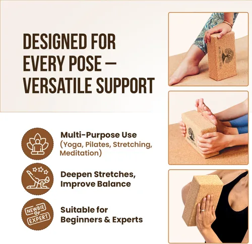 Vista 4 de MHW - LIVE WELL Bloque de yoga de corcho, bloque de yoga antideslizante natural para estabilidad y profundización de posturas, 9 x 6 x 3 pulgadas