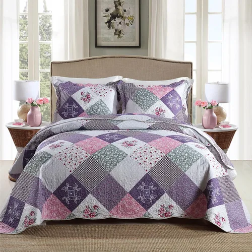 Vista 20 de Juego de cama de dos piezas, tamaño individual, de microfibra, reversible, de retazos, estilo floral, todas las estaciones, patrón de porcelana azul