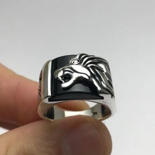 Vista 3 de Anillo de plata de ley 925K con motivo de león y piedra de ónix para hombre, Plata