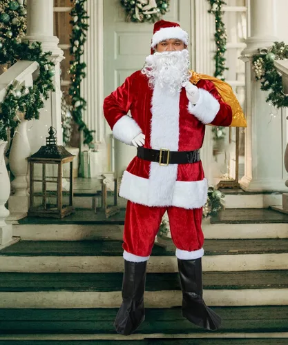 Vista 5 de Traje de Papá Noel de Navidad, disfraz de Papá Noel para hombres adultos, ropa clásica de franela de Navidad, traje de disfraces de Papá Noel