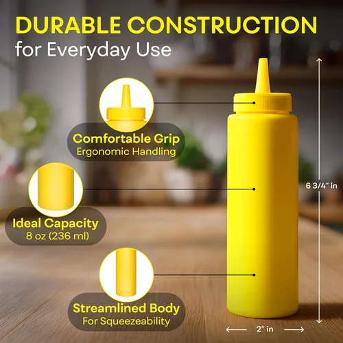 Vista 3 de BRIGHTFROM Botellas exprimibles para condimentos, color amarillo, botella vacía de 8 onzas con cuello ancho, ideal para salsa de tomate, mostaza